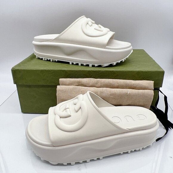 GUCCI 692845 Interlocking GG Platform Rubber Slide Sandals Off White Women EU 40 - Picture 2 of 11